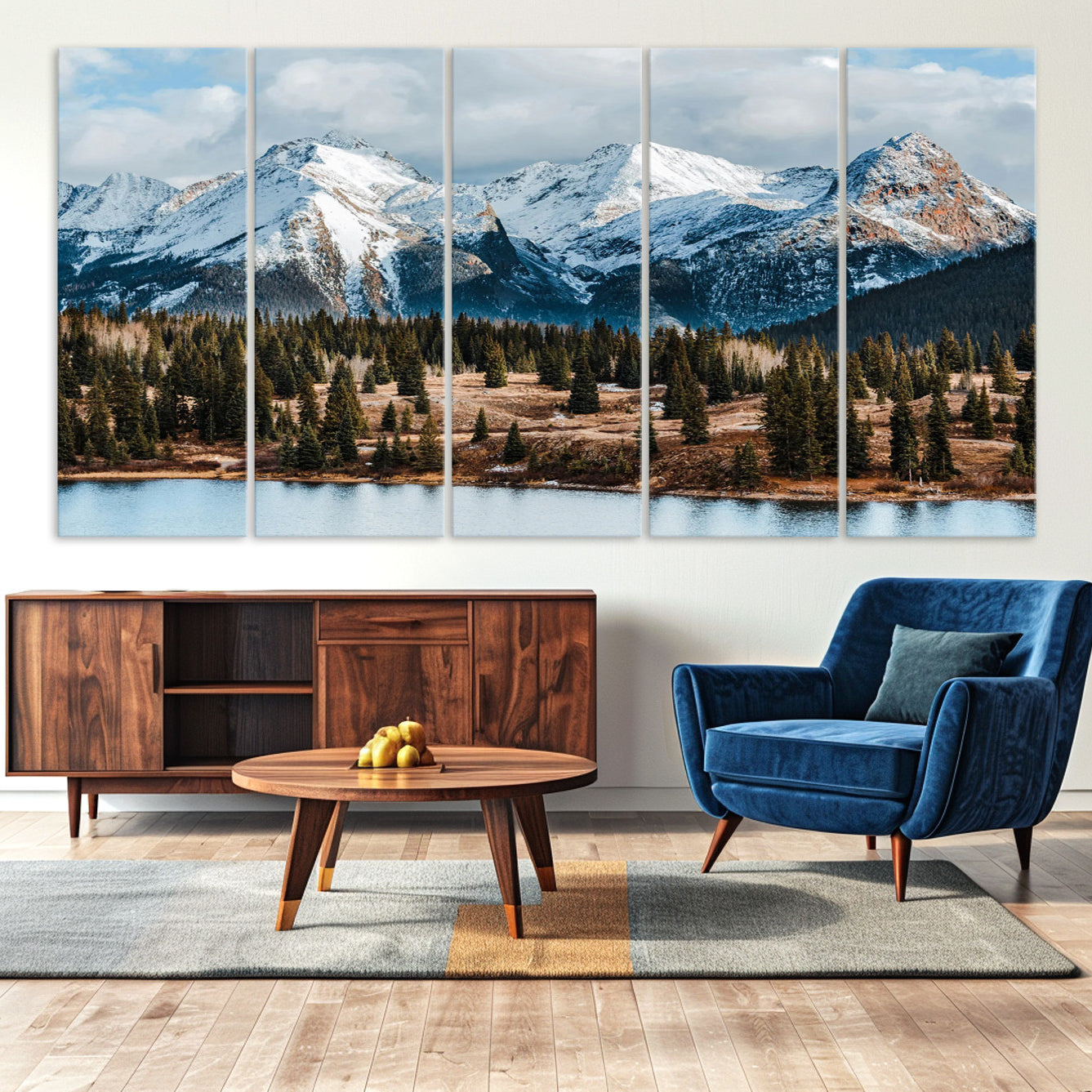 -Snowy Peaks Wall Art Canvas Print, Framed Alpine Lake Art Picture Print, Pine Forest Perfect Alpine