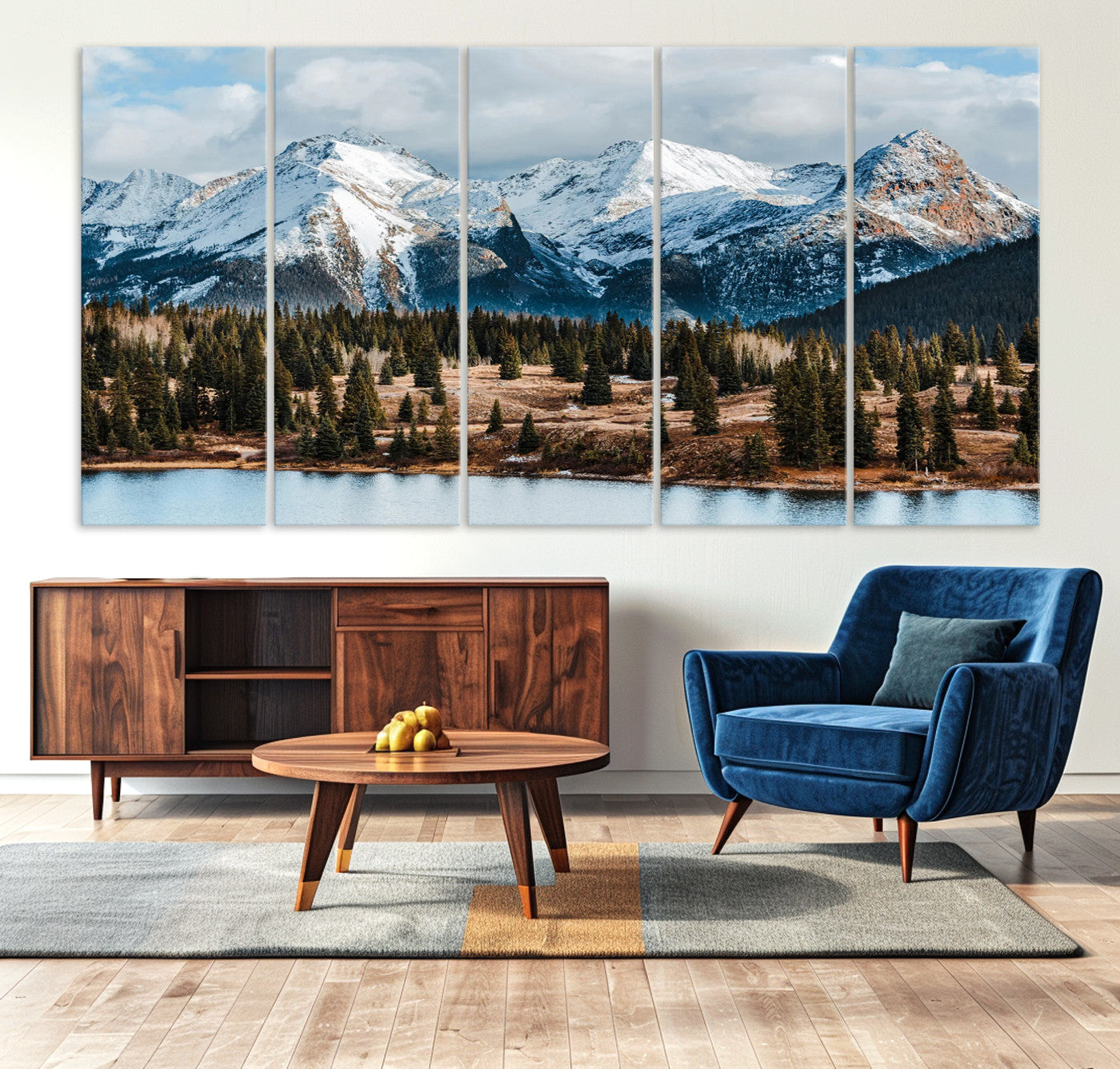 -Snowy Peaks Wall Art Canvas Print, Framed Alpine Lake Art Picture Print, Pine Forest Perfect Alpine