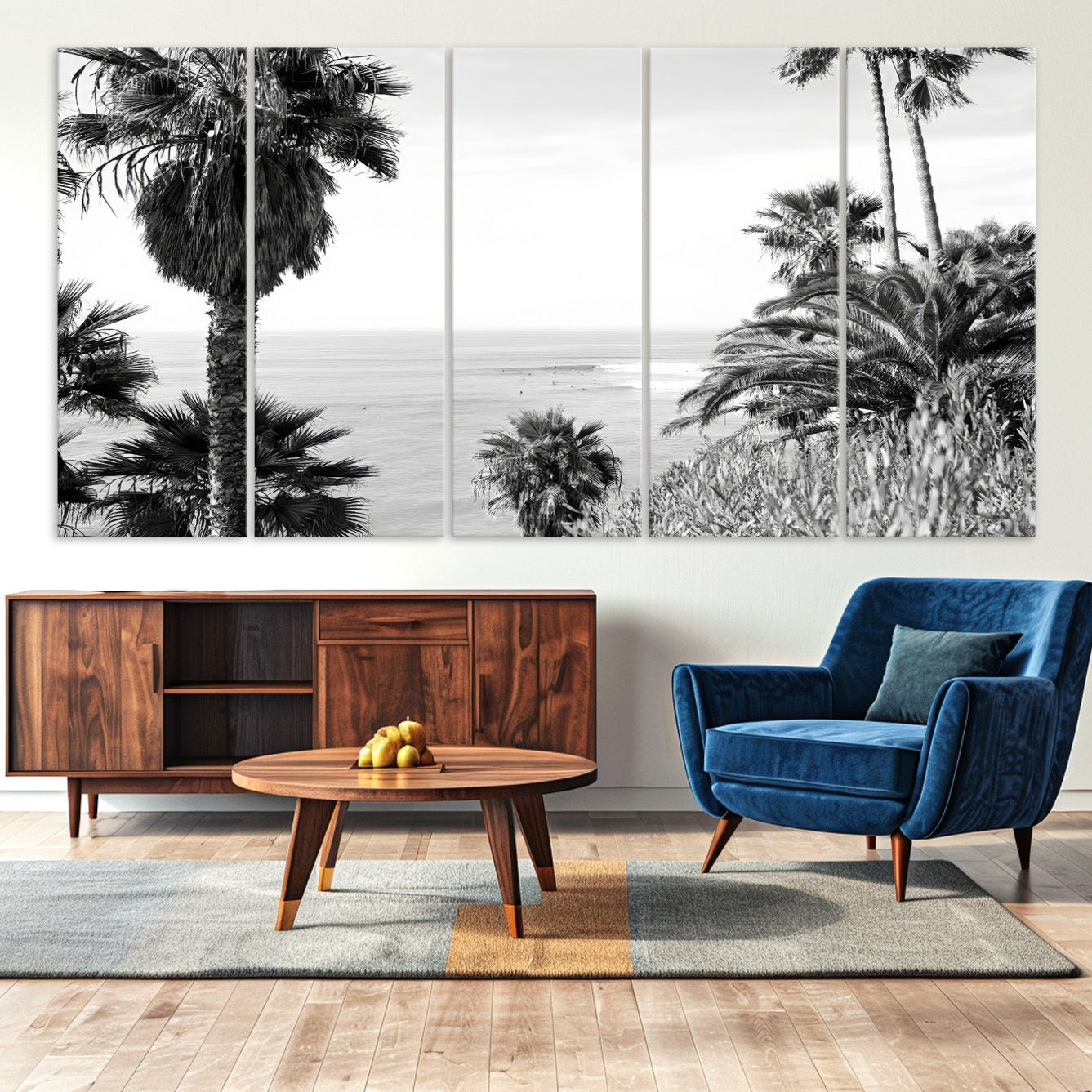 89458520-MGV-CV-36X24-Palm Trees Wall Art Canvas Print, Framed Coastal Art Picture Print, Ocean Horizon Perfect Monochrome Coast Decor