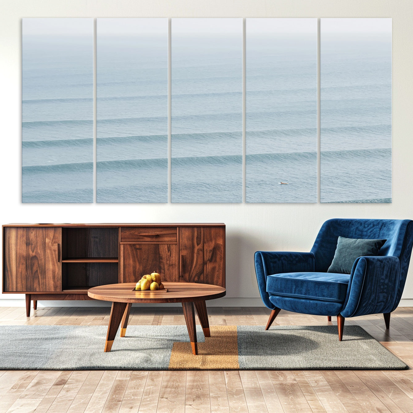 -Ocean Waves Wall Art Canvas Print, Framed Solo Surfer Art Picture Print, Wave Lines Perfect
