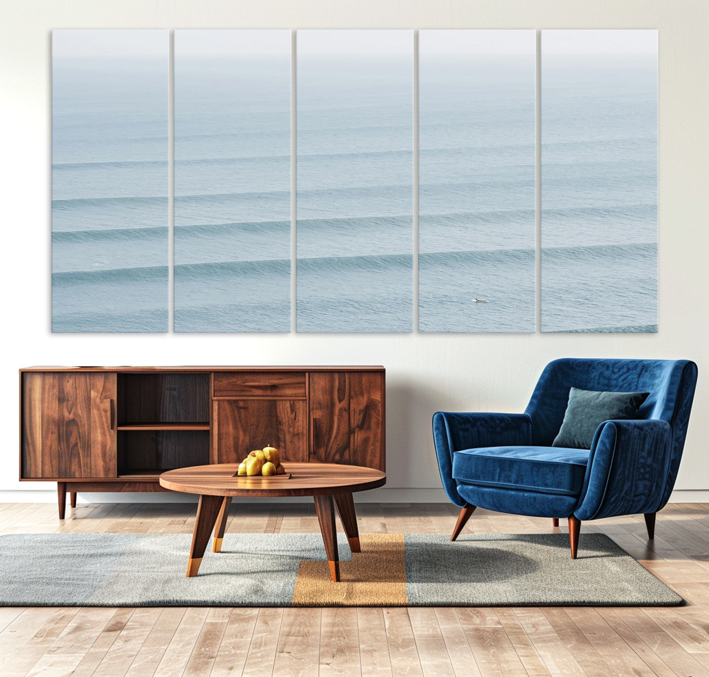 -Ocean Waves Wall Art Canvas Print, Framed Solo Surfer Art Picture Print, Wave Lines Perfect