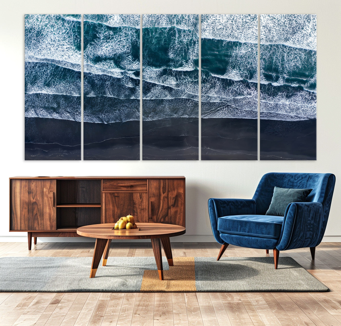 87941475-MGV-CV-36X24-Black Beach Wall Art Canvas Print – Framed Aerial Ocean View Moody Coastal Seascape Nature Artwork for Home Office