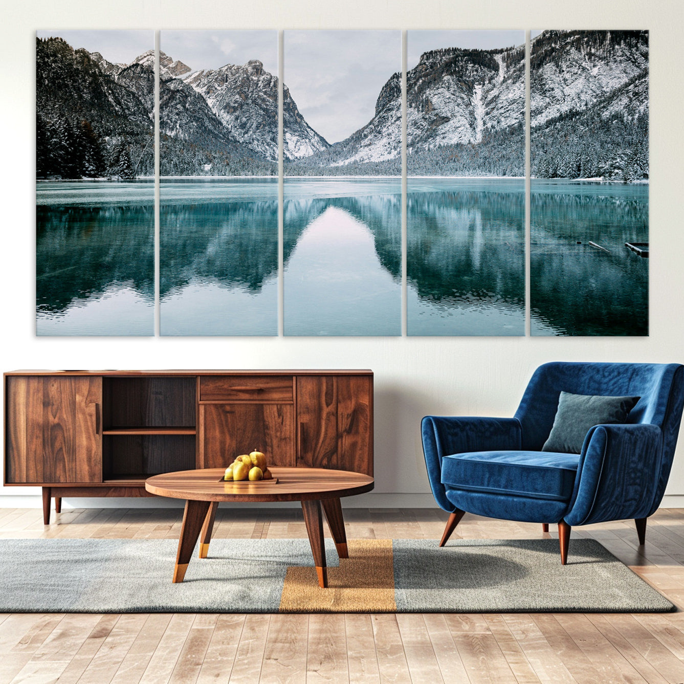 -Mountain Lake Wall Art Canvas Print – Snowy Peaks Winter Wonderland Scene Serene Nature Landscape Artwork for Home Office