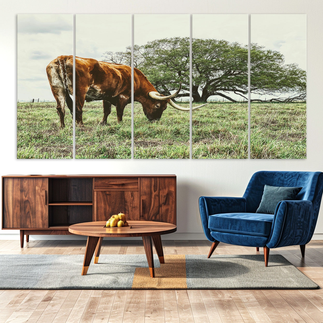 -Texas Longhorn Wall Art Canvas Print – Rustic Western Ranch Scene Cattle Country Farmhouse Artwork for Home Office