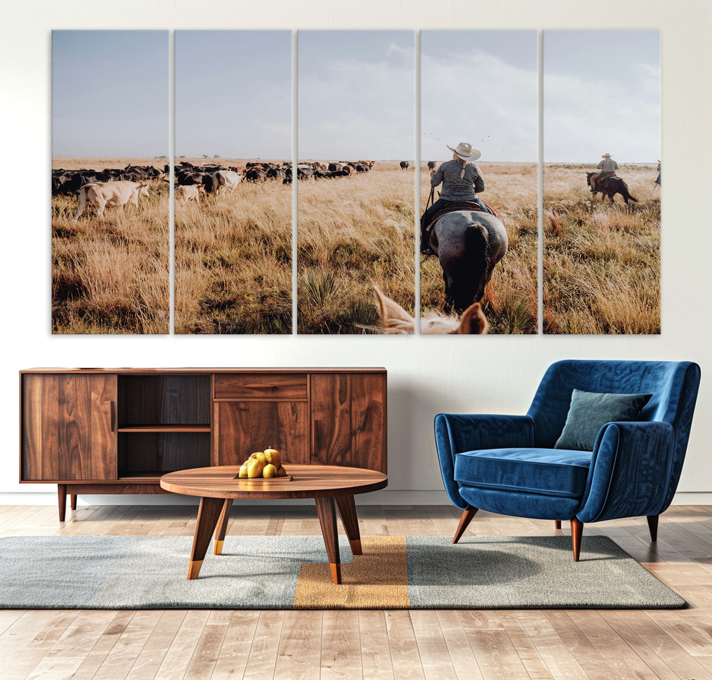 -Western Wall Art Canvas Print – Framed Cowboy Cattle Drive Scene Rustic Ranch Landscape Artwork for Home Office