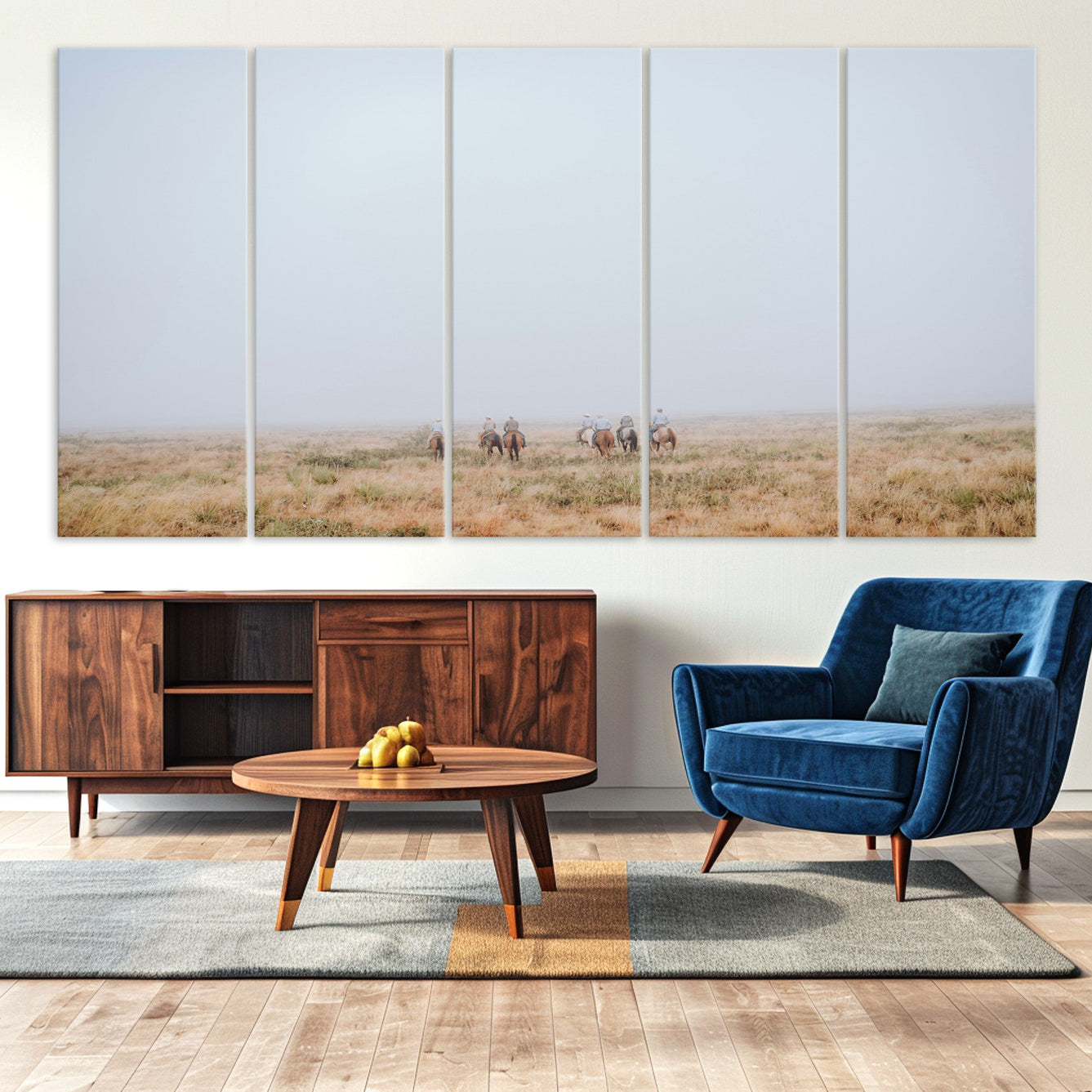 14761944-MGV-CV-36X24-Foggy Plains Wall Art Canvas Print – Framed Horseback Riders Rustic Western Landscape Scene Artwork for Home Office