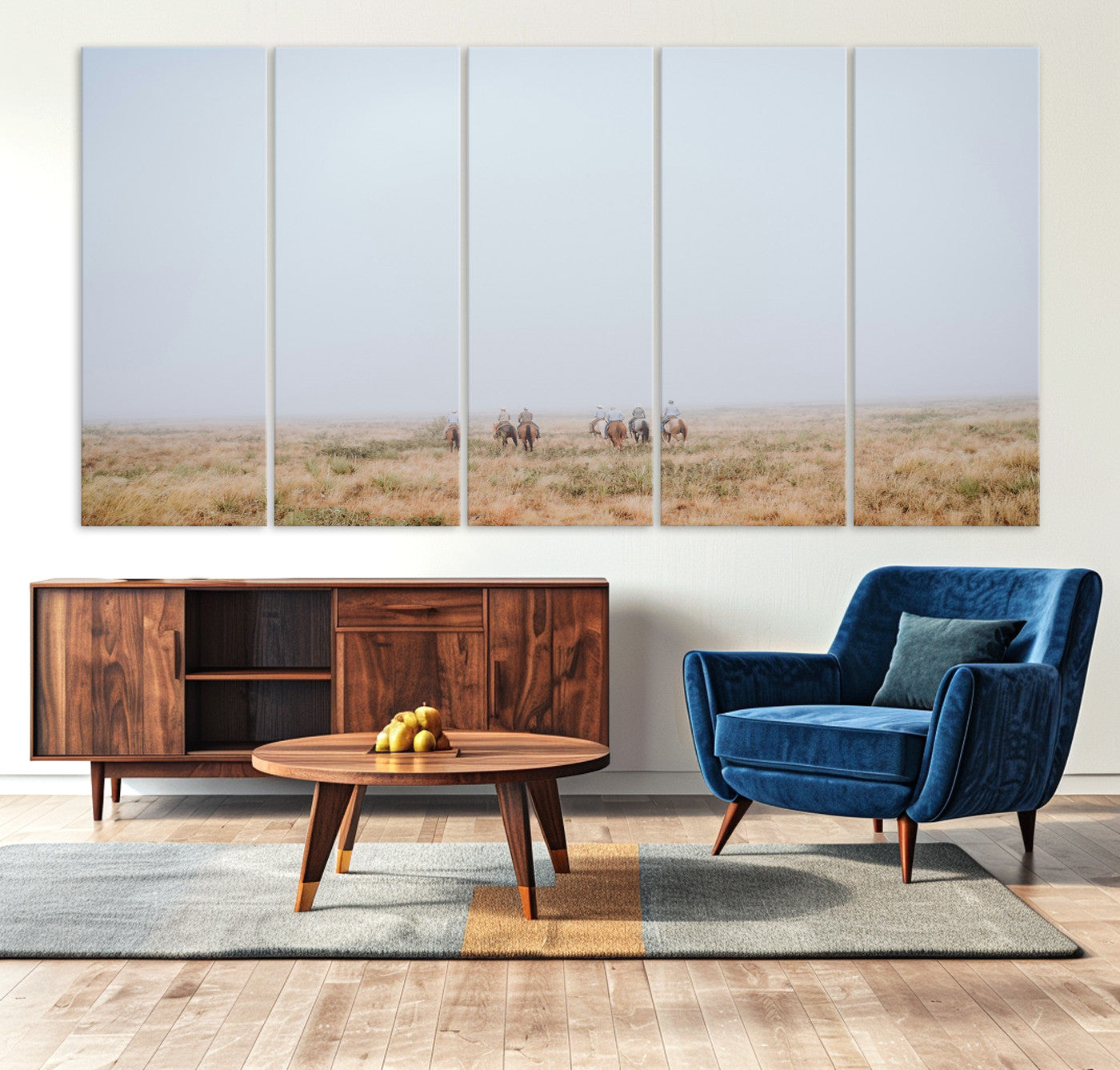 14761944-MGV-CV-36X24-Foggy Plains Wall Art Canvas Print – Framed Horseback Riders Rustic Western Landscape Scene Artwork for Home Office