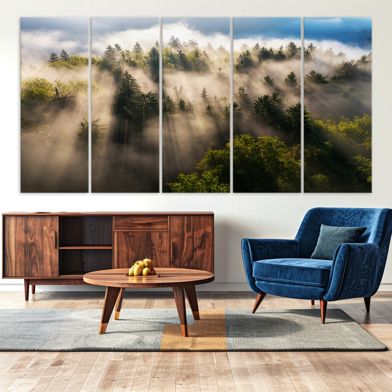-Tranquil Forest Scene Wall Art Canvas Print – Framed Moody Sunbeam Through Trees Nature Artwork for Home Office