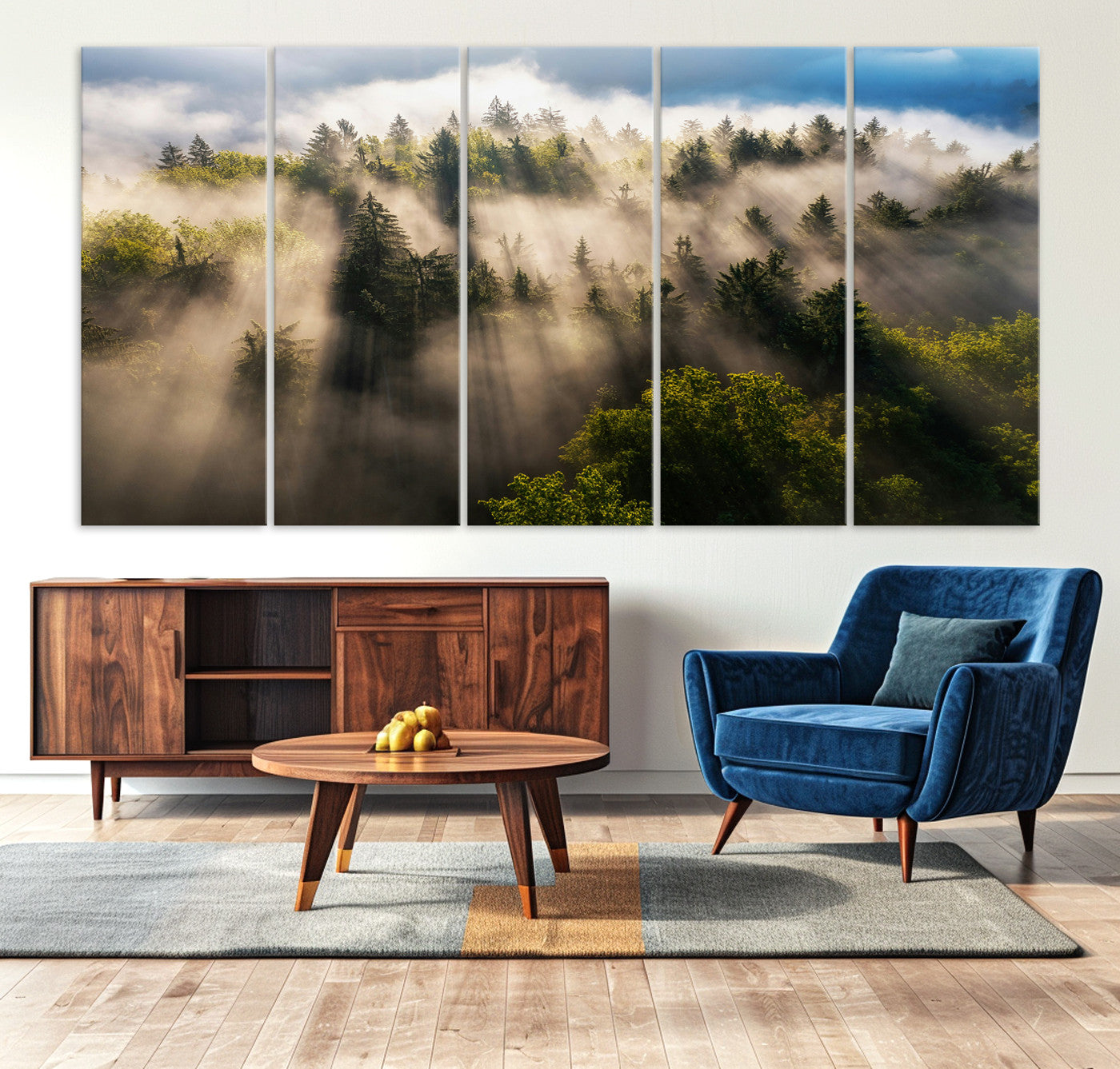 -Tranquil Forest Scene Wall Art Canvas Print – Framed Moody Sunbeam Through Trees Nature Artwork for Home Office