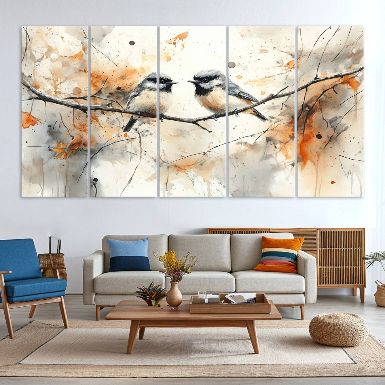 98244-MGV-CV-48X32-3P-Beautiful Birds Wall Art – Framed Watercolor Branch Canvas Artwork, Elegant Nature Design, Vibrant Decor for Home, Office