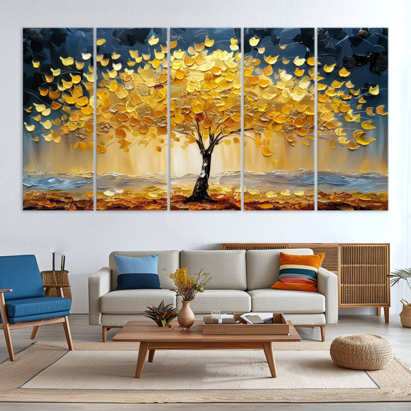 A stunning impasto painting captures the golden hues of autumn with a vibrant tree glowing against a dramatic blue and brown backdrop.