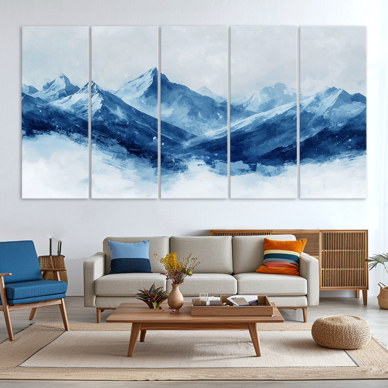 Peaceful watercolor-style painting of snowy blue mountains in soft tones, perfect for winter-themed or minimalist wall decor.