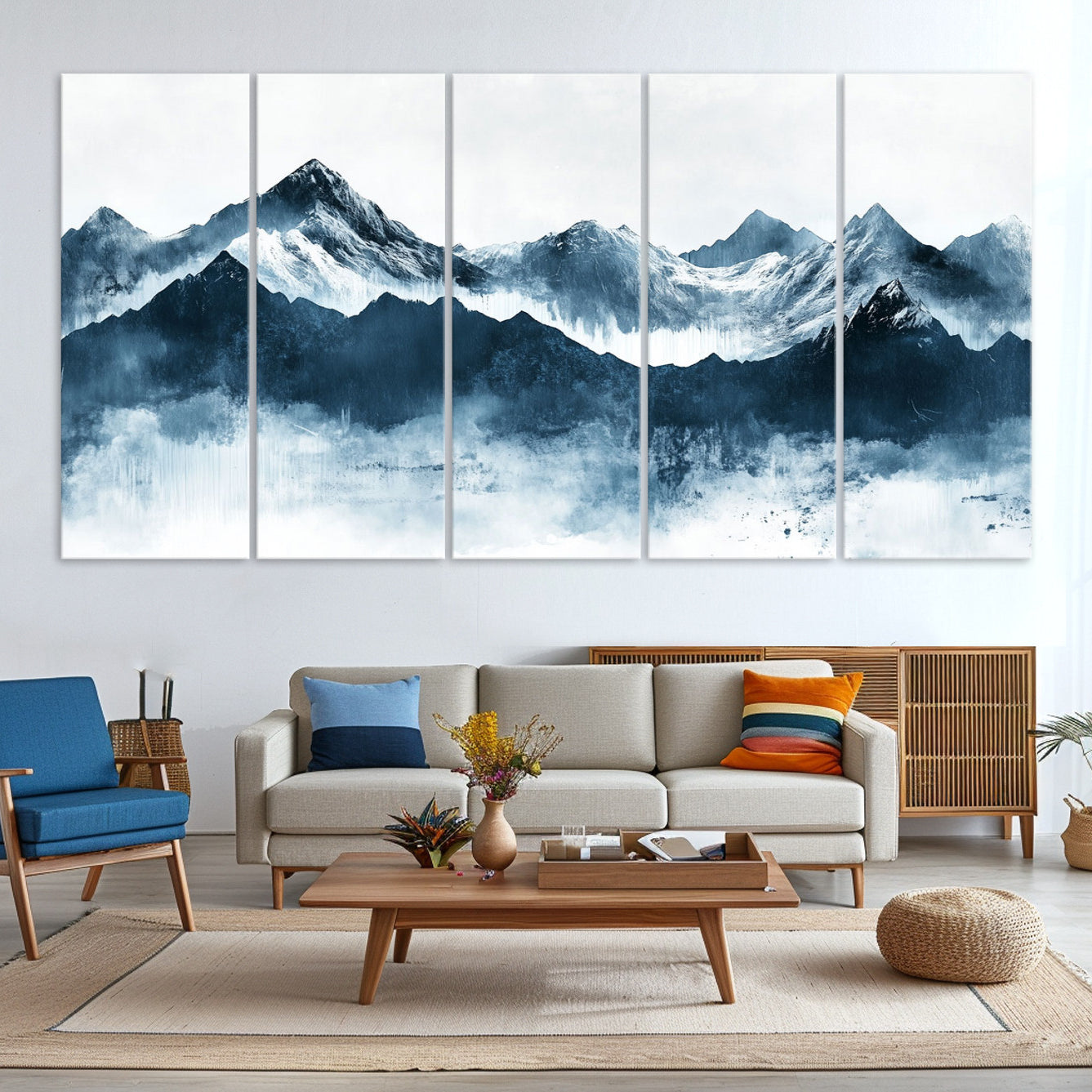 Abstract blue-toned canvas of snowy mountains in misty tones, ideal for minimalist or moody alpine-inspired home decor.