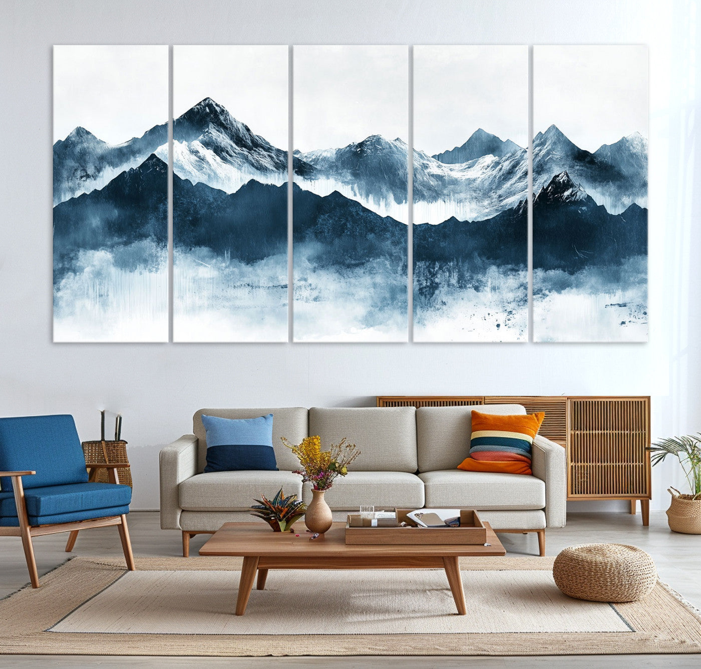 Abstract blue-toned canvas of snowy mountains in misty tones, ideal for minimalist or moody alpine-inspired home decor.
