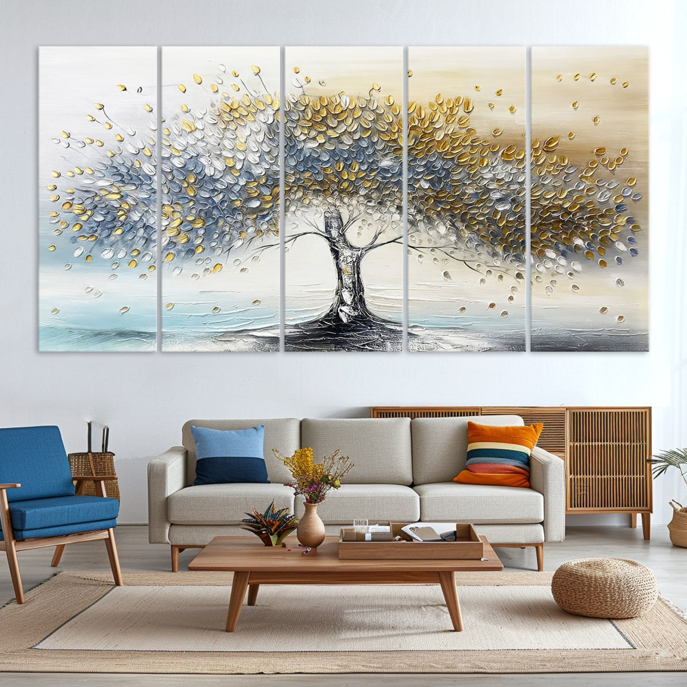 Canvas of a silver and gold textured tree with a soft neutral background, ideal for elegant and minimalist home decor styles.