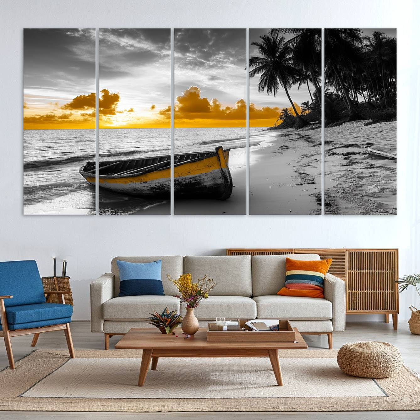 Canvas of a yellow rowboat on a black and white tropical beach with golden sunset sky, ideal for coastal or tropical-themed home decor.