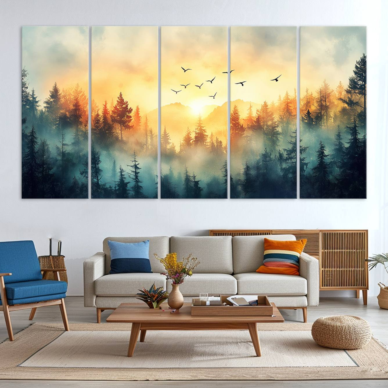 Canvas of a misty pine forest at sunrise with golden light and birds flying across the sky, perfect for tranquil nature-themed wall decor.