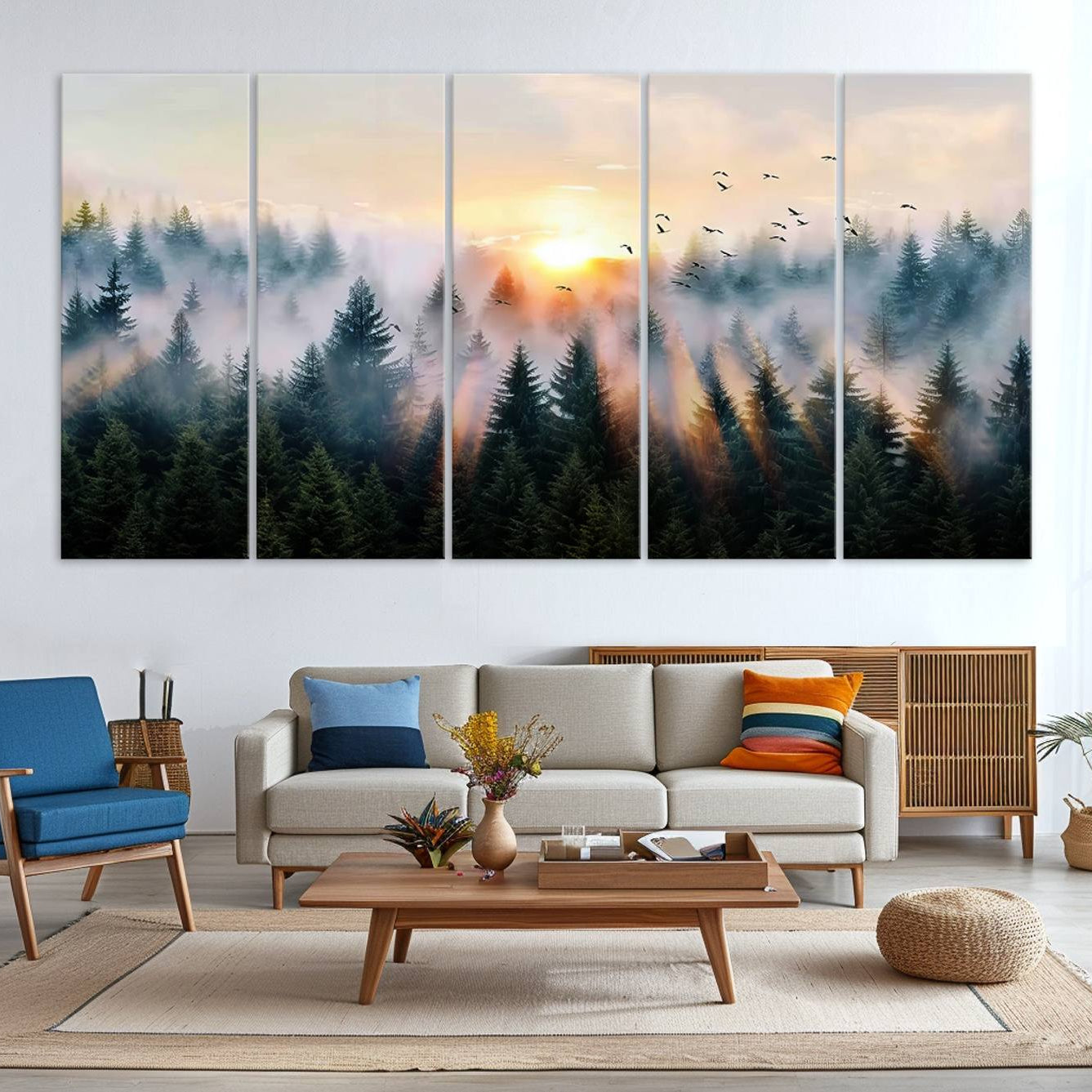 Canvas of a misty pine forest at sunrise with birds flying through golden morning rays, perfect for serene and moody woodland-style home decor.