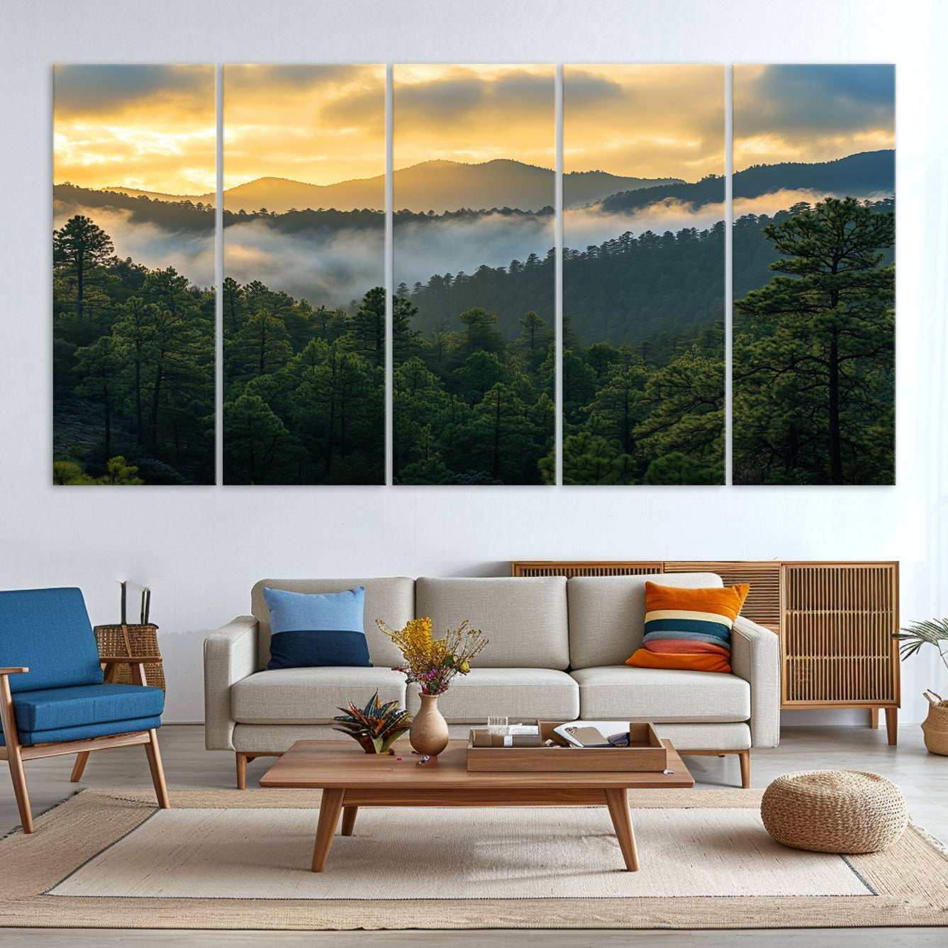 Canvas of misty pine-covered mountains at sunrise, featuring golden light and fog layers, ideal for tranquil earthy home decor.