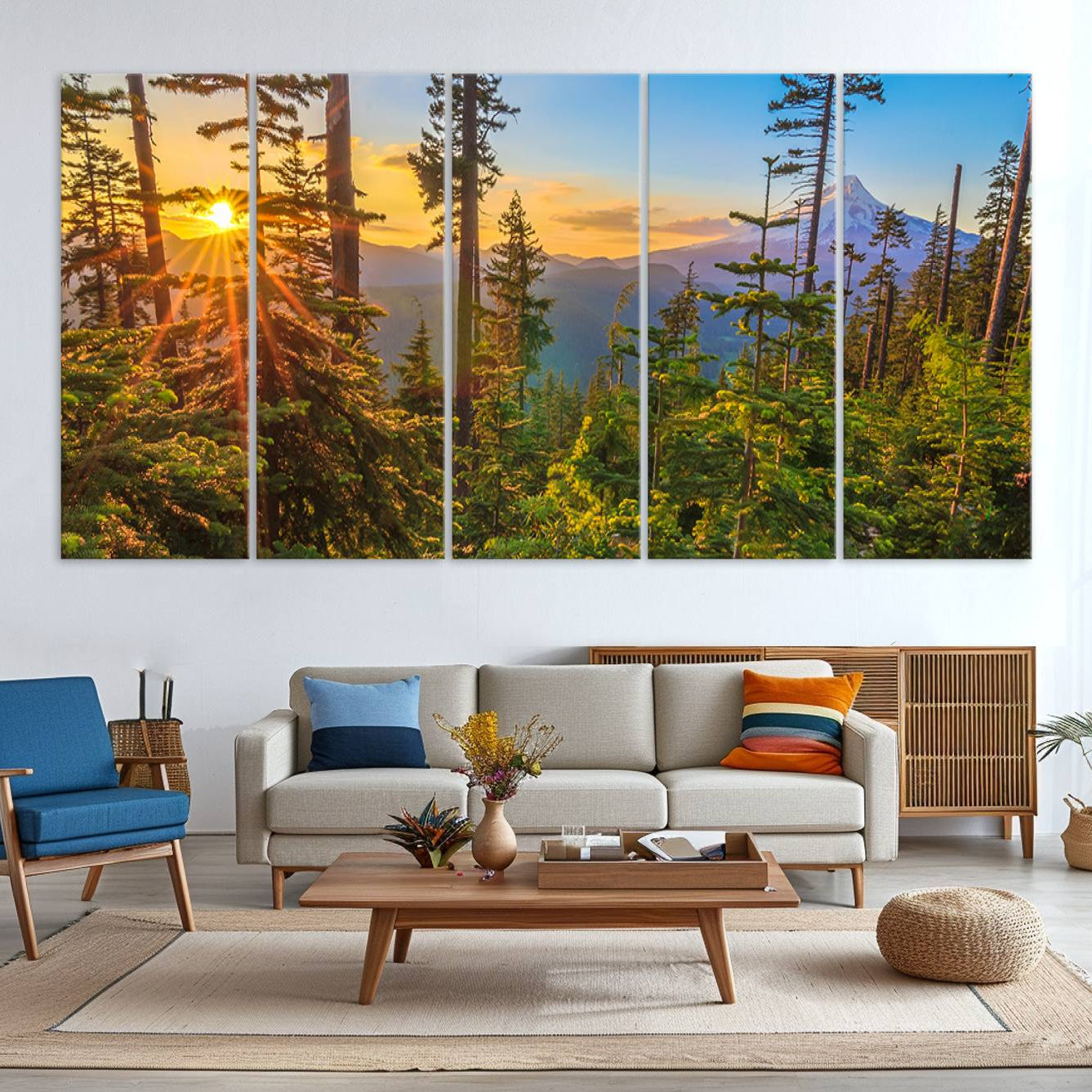 -Forest Sunset Wall Art Canvas Print, Framed Sunset Trees Art Picture Print, Green Pines Perfect