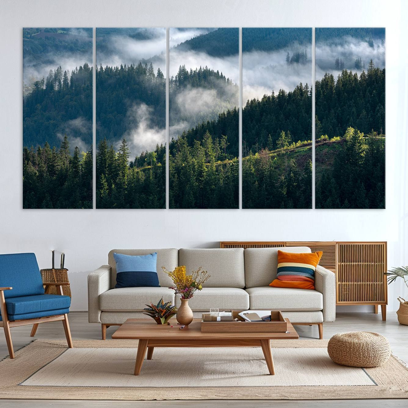 -Misty Forest Wall Art Canvas Print, Framed Pine Hills Art Picture Print, Misty Forest Print,