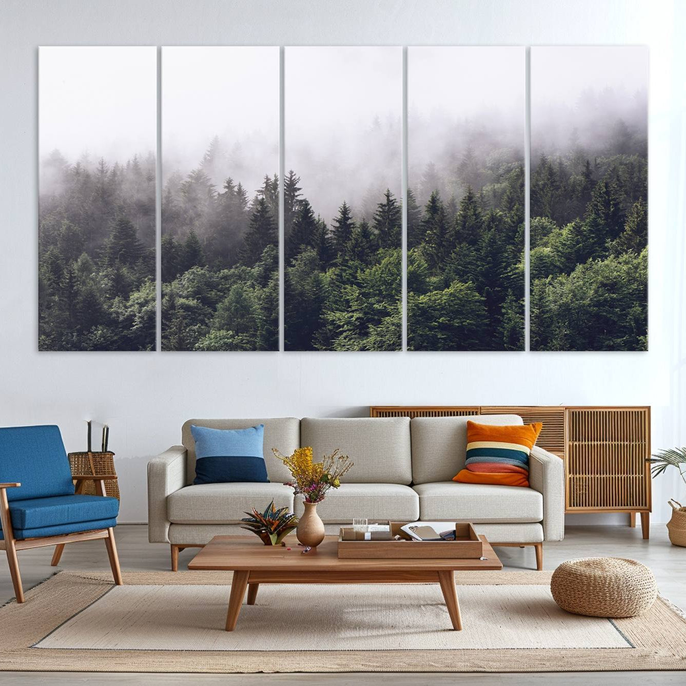 -Misty Forest Wall Art Canvas Print, Framed Foggy Pines Art Picture Print, Pine Valley Perfect Moody