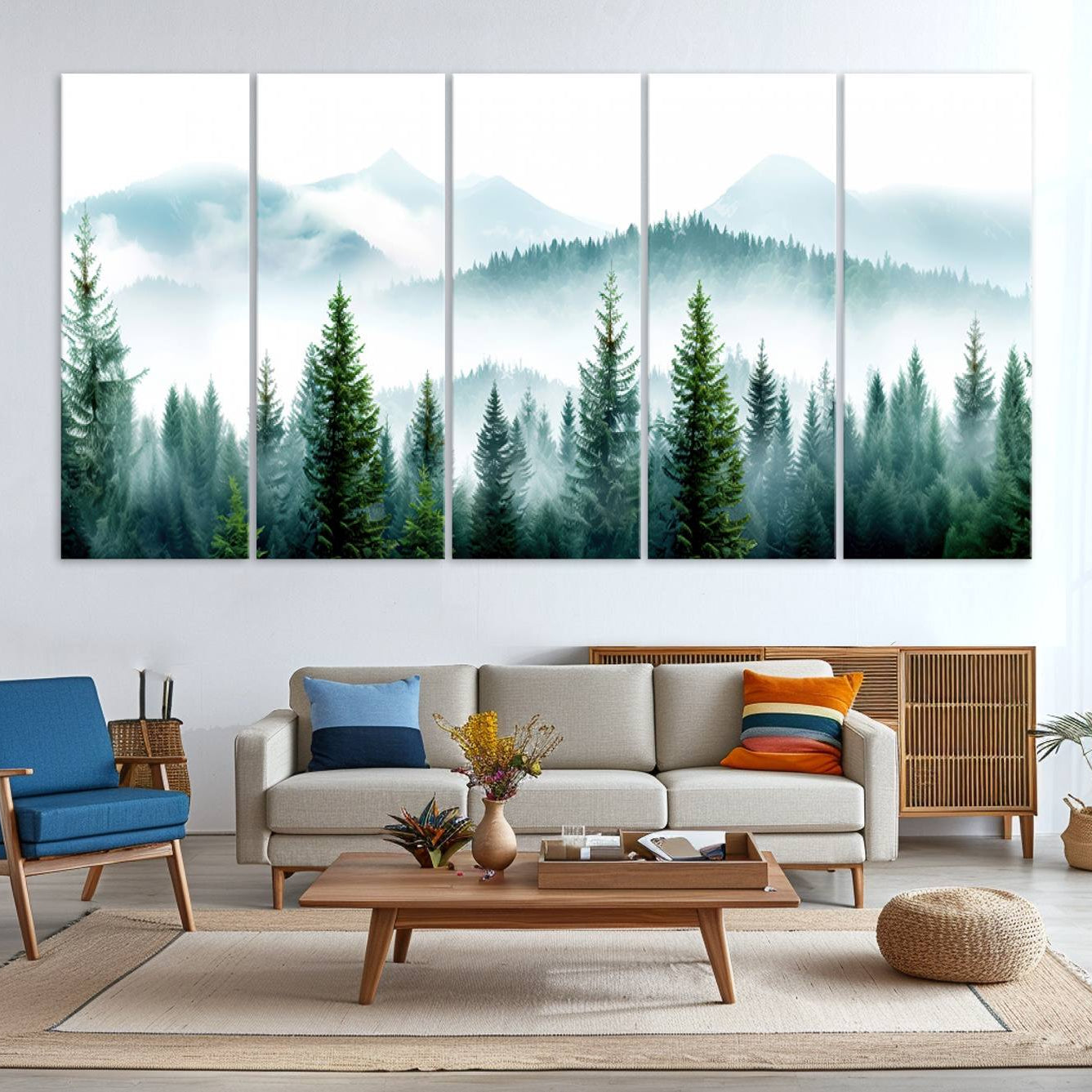 -Pine Forest Wall Art Canvas Print, Framed Misty Mountains Art Picture Print, Foggy Trees Perfect