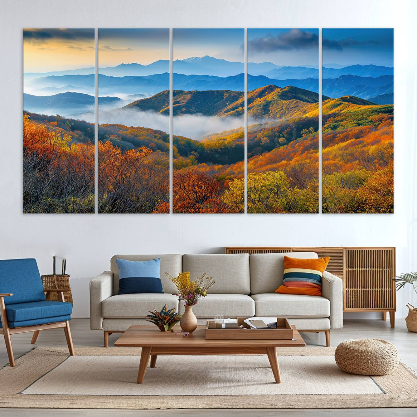 -Autumn Mountains Wall Art Canvas Print, Autumn Mountain Foggy Landscape Wall Art Canvas Print,