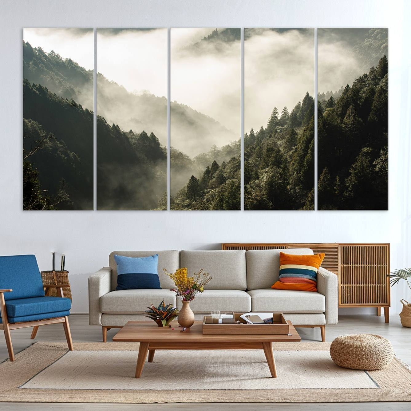 -Misty Valley Canvas Print, Framed Foggy Forest Art Picture Print, Pine Trees Perfect Moody Woodland