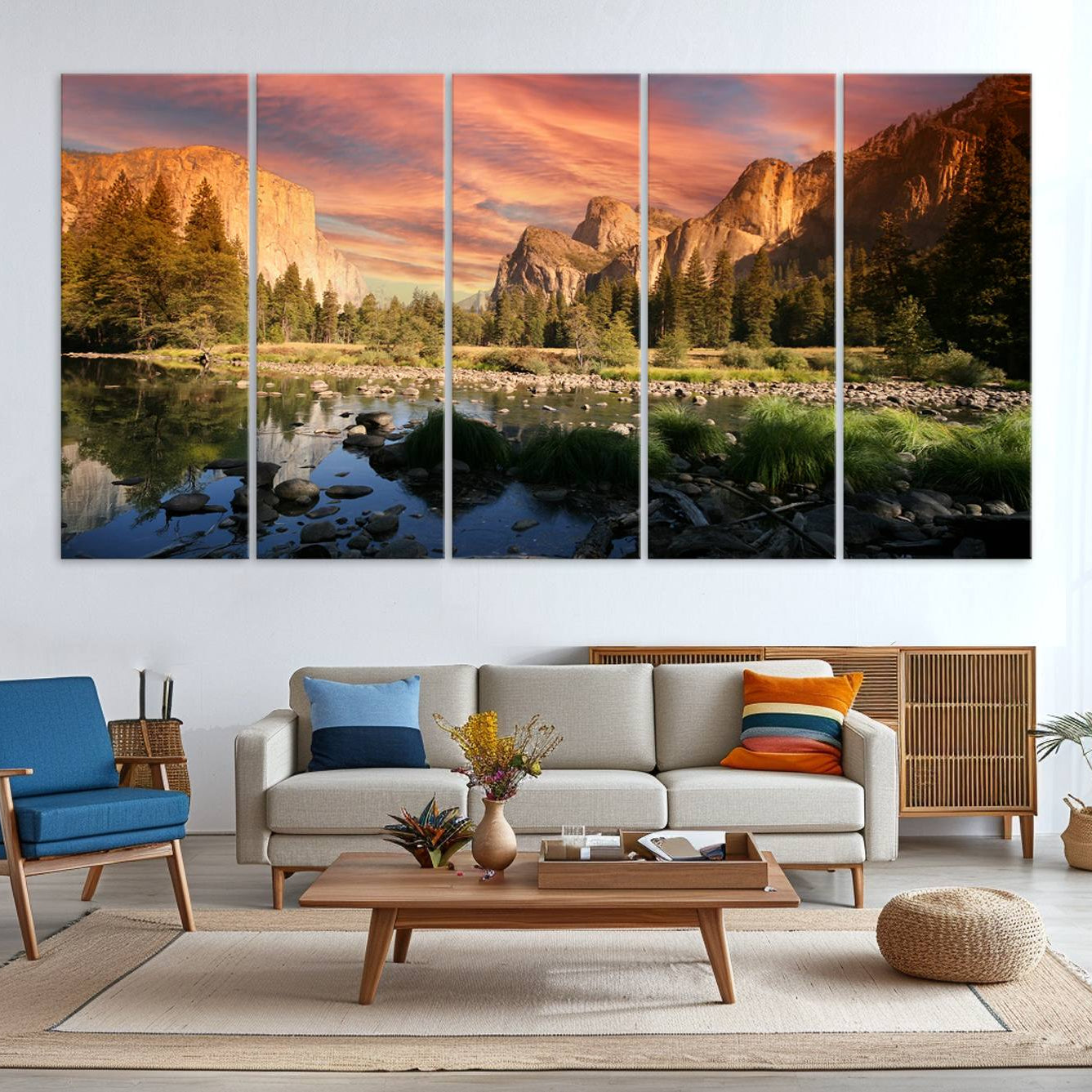 -Yosemite Valley Canvas Wall Art, Framed El Capitan Art Picture Print, Sunset Sky Perfect Vibrant