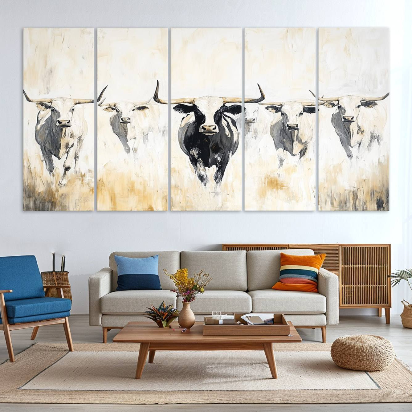 -Texas Longhorn Canvas Print, Framed Rustic Herd Art Picture Print, Western Bull Perfect Neutral