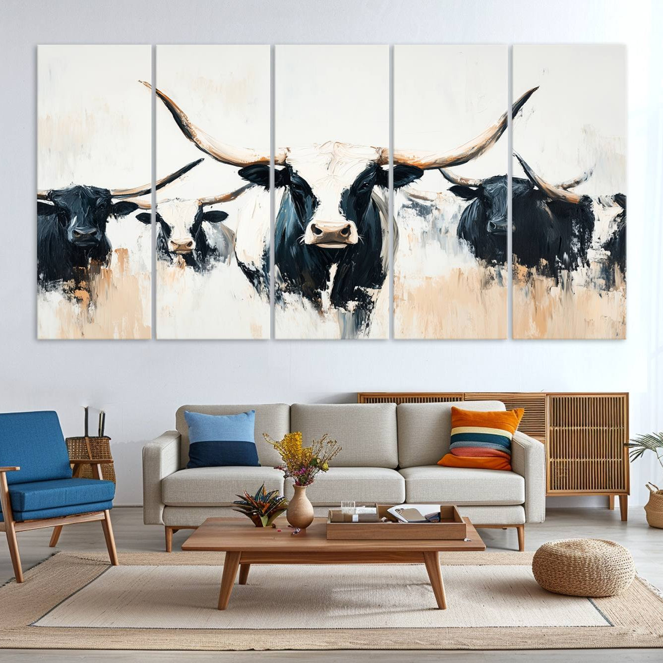 -Texas Longhorn Wall Art Canvas Print, Framed Western Cattle Art Picture Print, Horned Bull Perfect