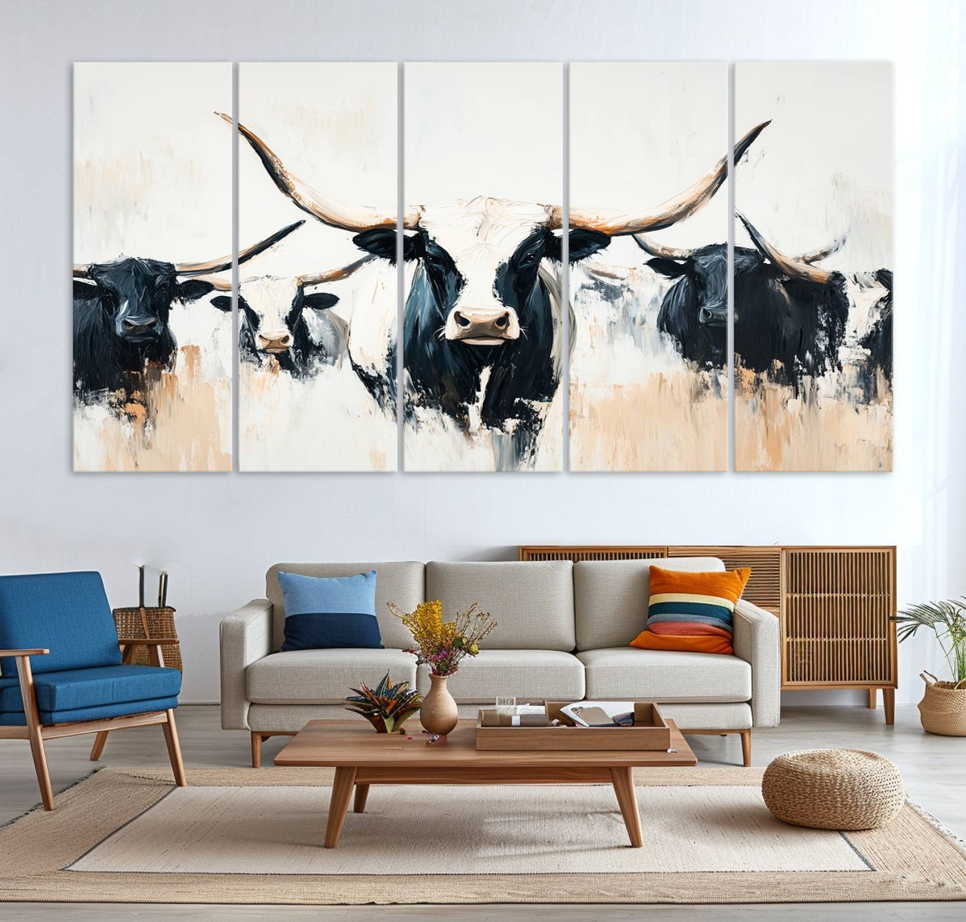 -Texas Longhorn Wall Art Canvas Print, Framed Western Cattle Art Picture Print, Horned Bull Perfect