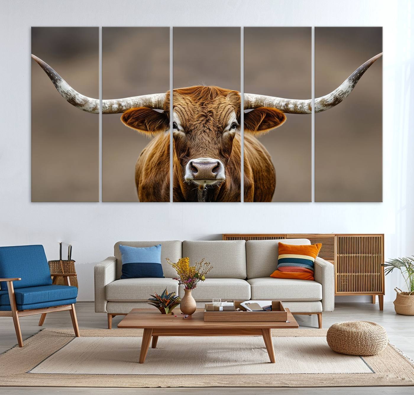 12179171-MGV-CV-36X24-Texas Longhorn Wall Art Canvas Print – Brown Bull Rustic Ranch Western Cattle Nature Artwork for Home Office