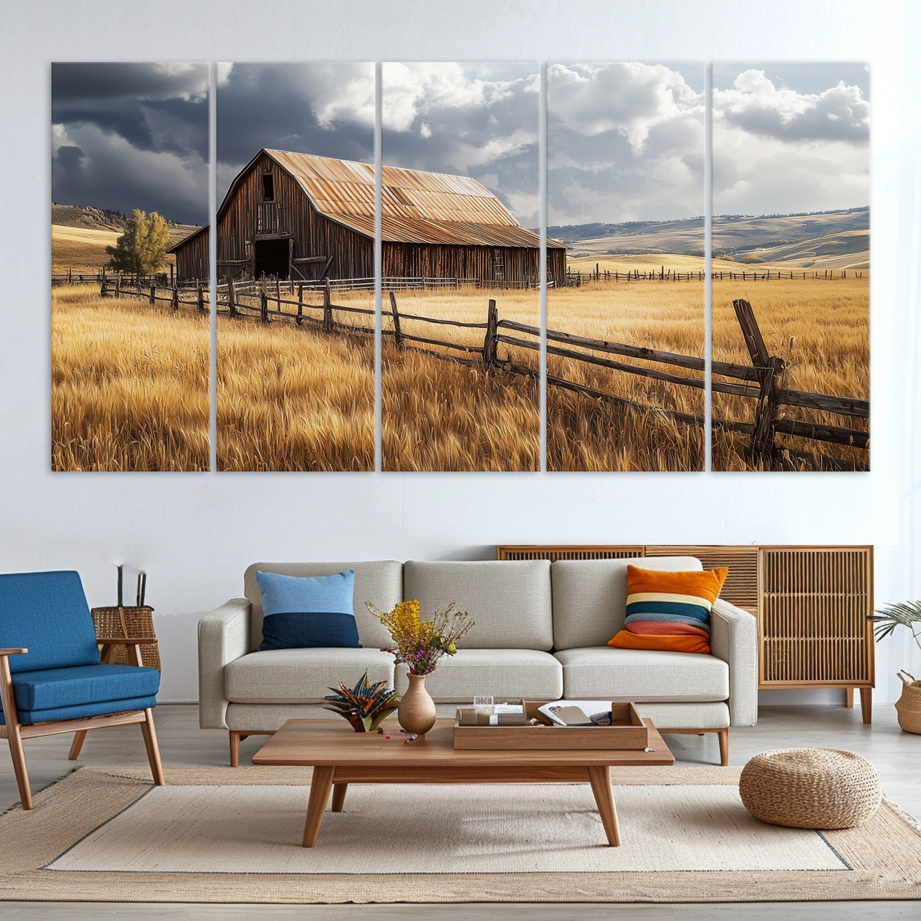 38758826-MGV-CV-36X24-Rustic Barn Wall Art Canvas Print – Framed Moody Barn Golden Field Countryside Farmhouse Landscape Artwork for Home Office