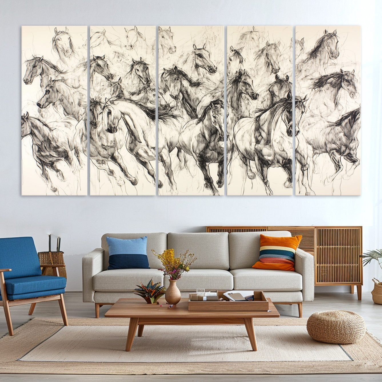 19433417-MGV-CV-36X24-Running Horses Wall Art Canvas Print – Framed Galloping Herd Dynamic Equestrian Sketch Nature Artwork for Home Office