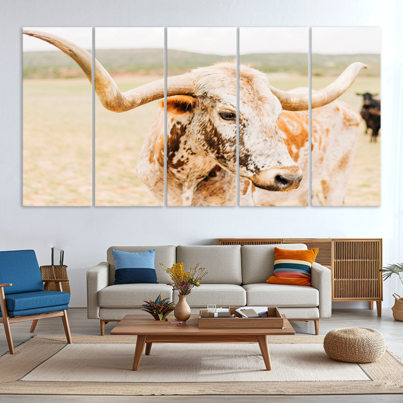 -Texas Longhorn Wall Art Canvas Print, Framed Speckled Cow Art Picture Print, Rustic Bull Perfect
