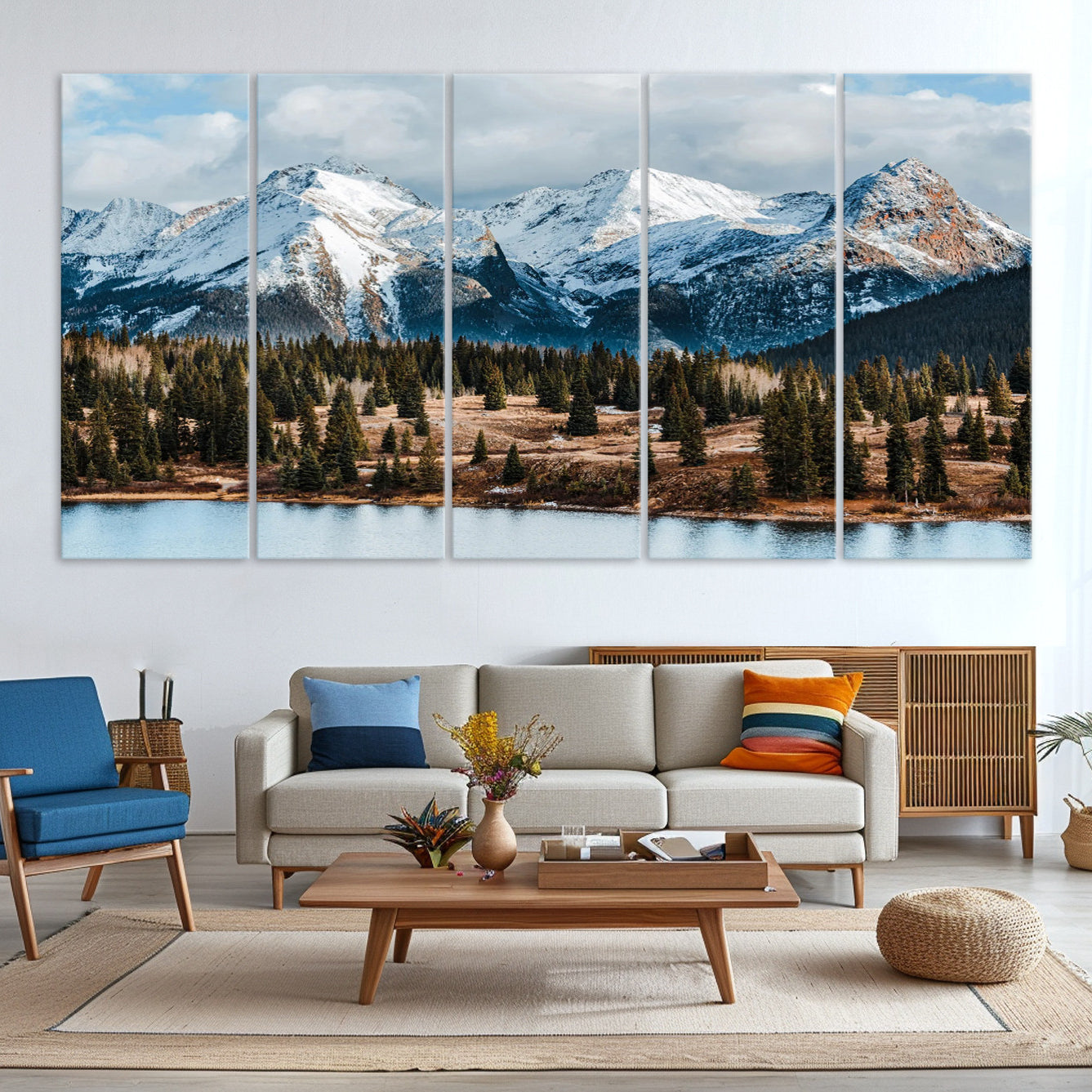 -Snowy Peaks Wall Art Canvas Print, Framed Alpine Lake Art Picture Print, Pine Forest Perfect Alpine
