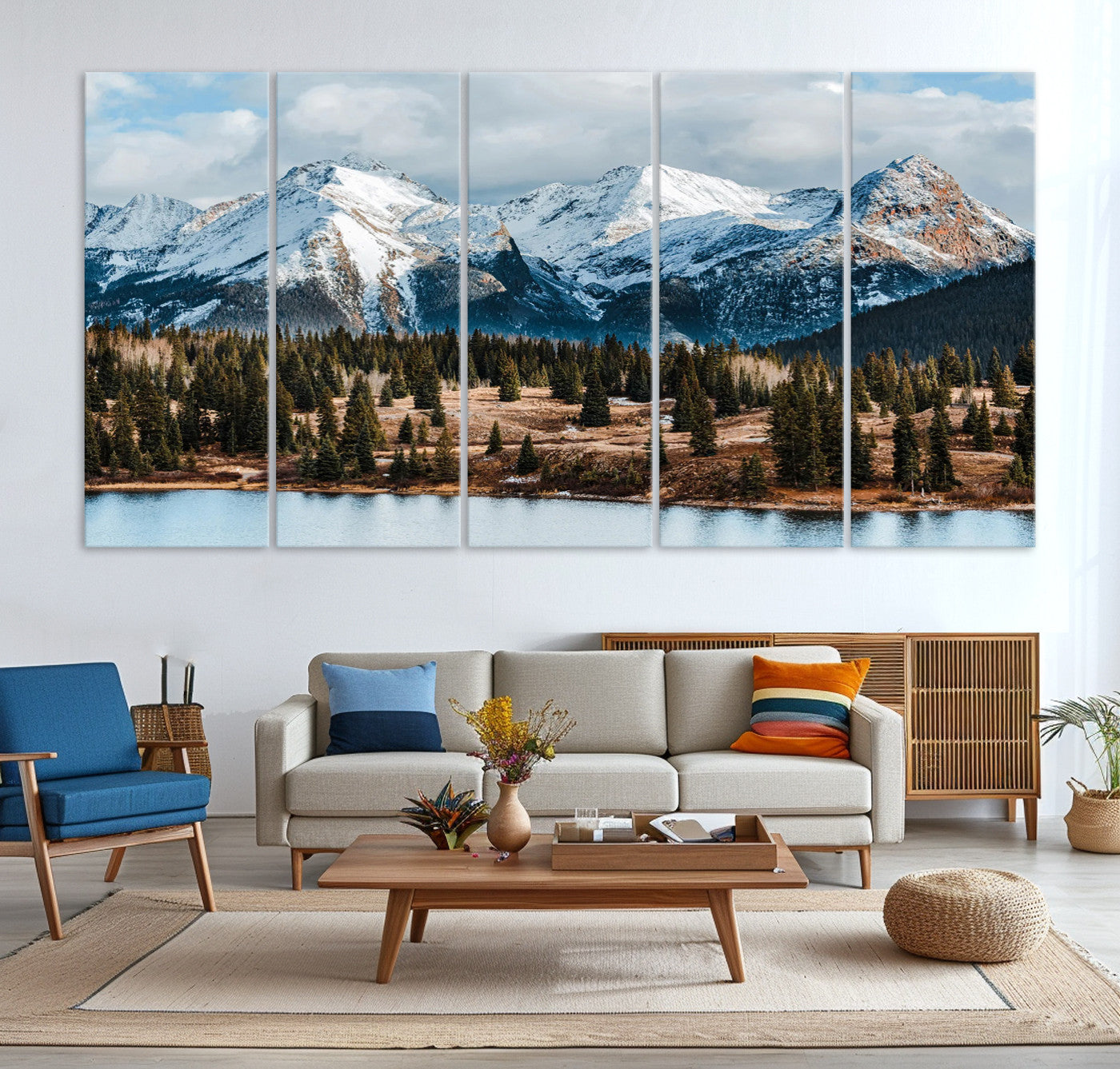 -Snowy Peaks Wall Art Canvas Print, Framed Alpine Lake Art Picture Print, Pine Forest Perfect Alpine
