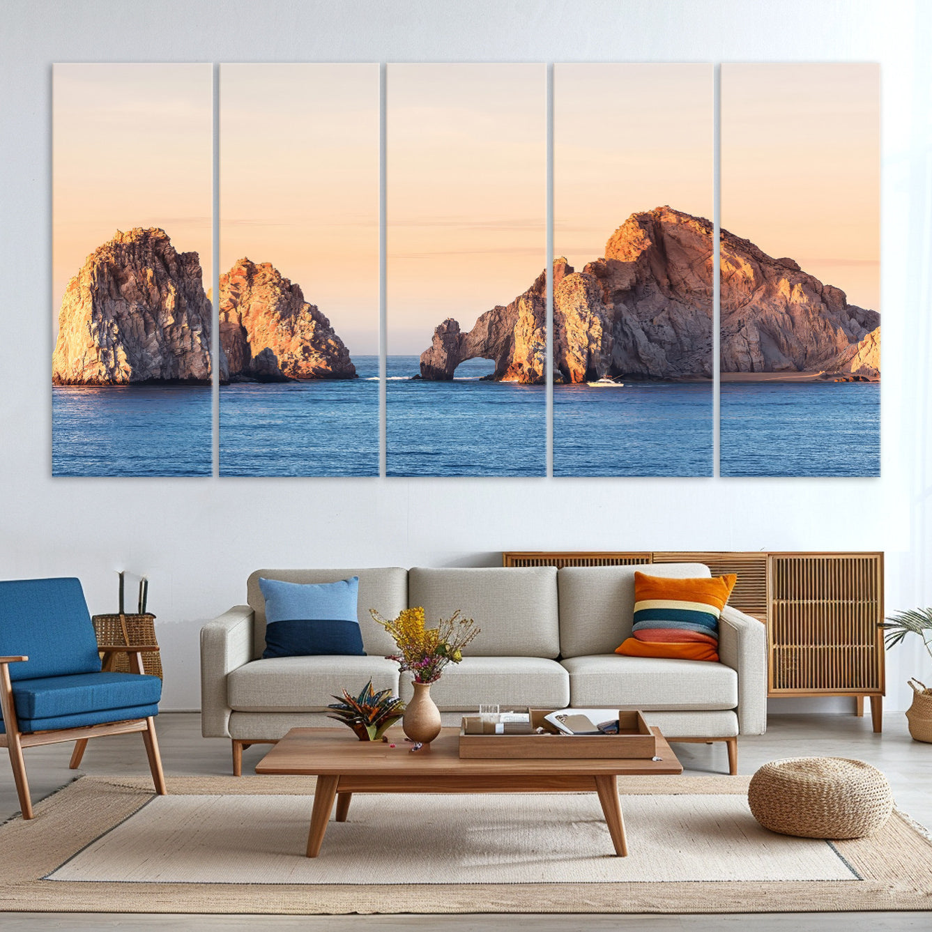 -El Arco Wall Art Canvas Print, Framed Cabo Rocks Art Picture Print, Ocean Arch Perfect Golden