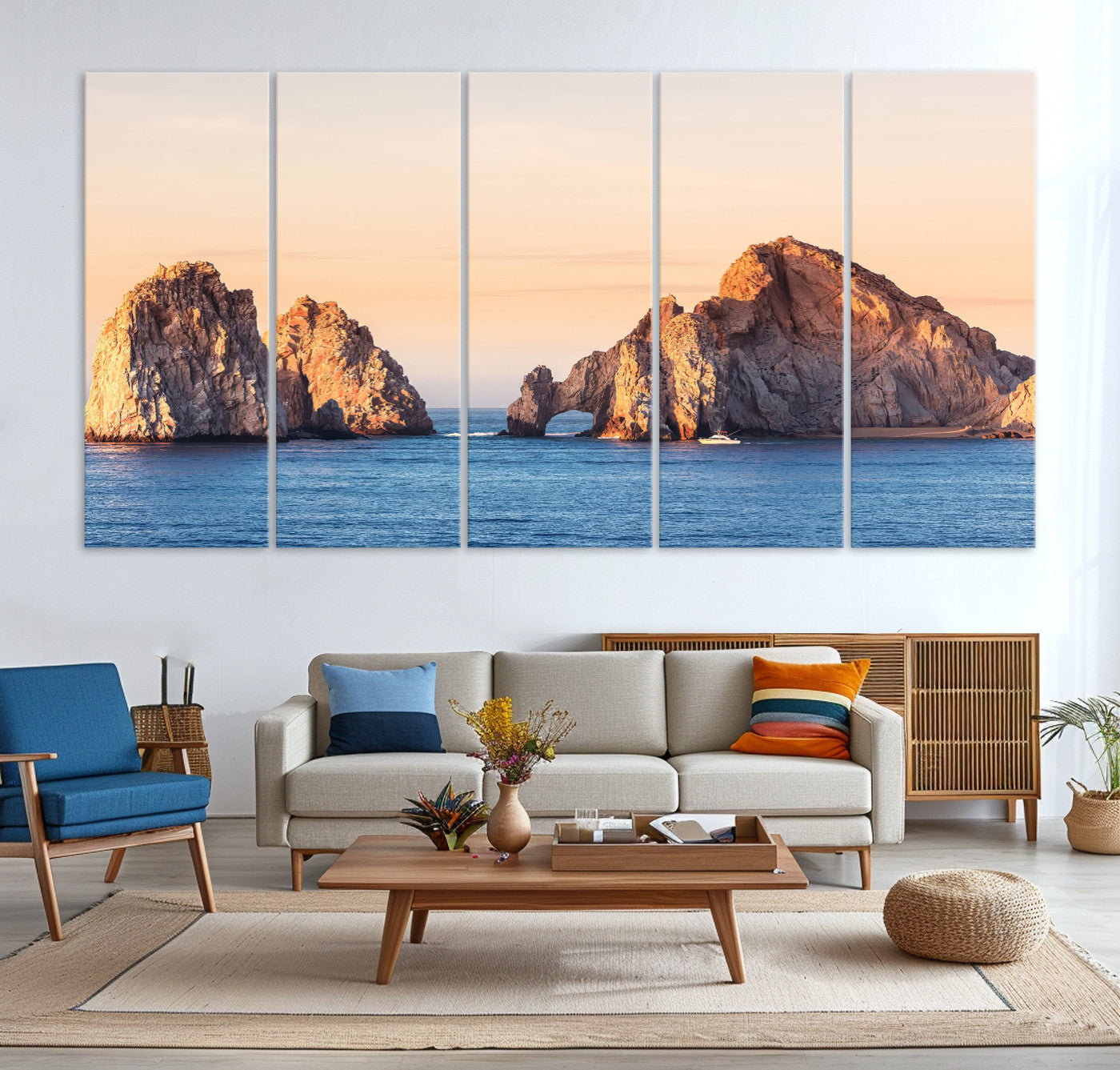 -El Arco Wall Art Canvas Print, Framed Cabo Rocks Art Picture Print, Ocean Arch Perfect Golden