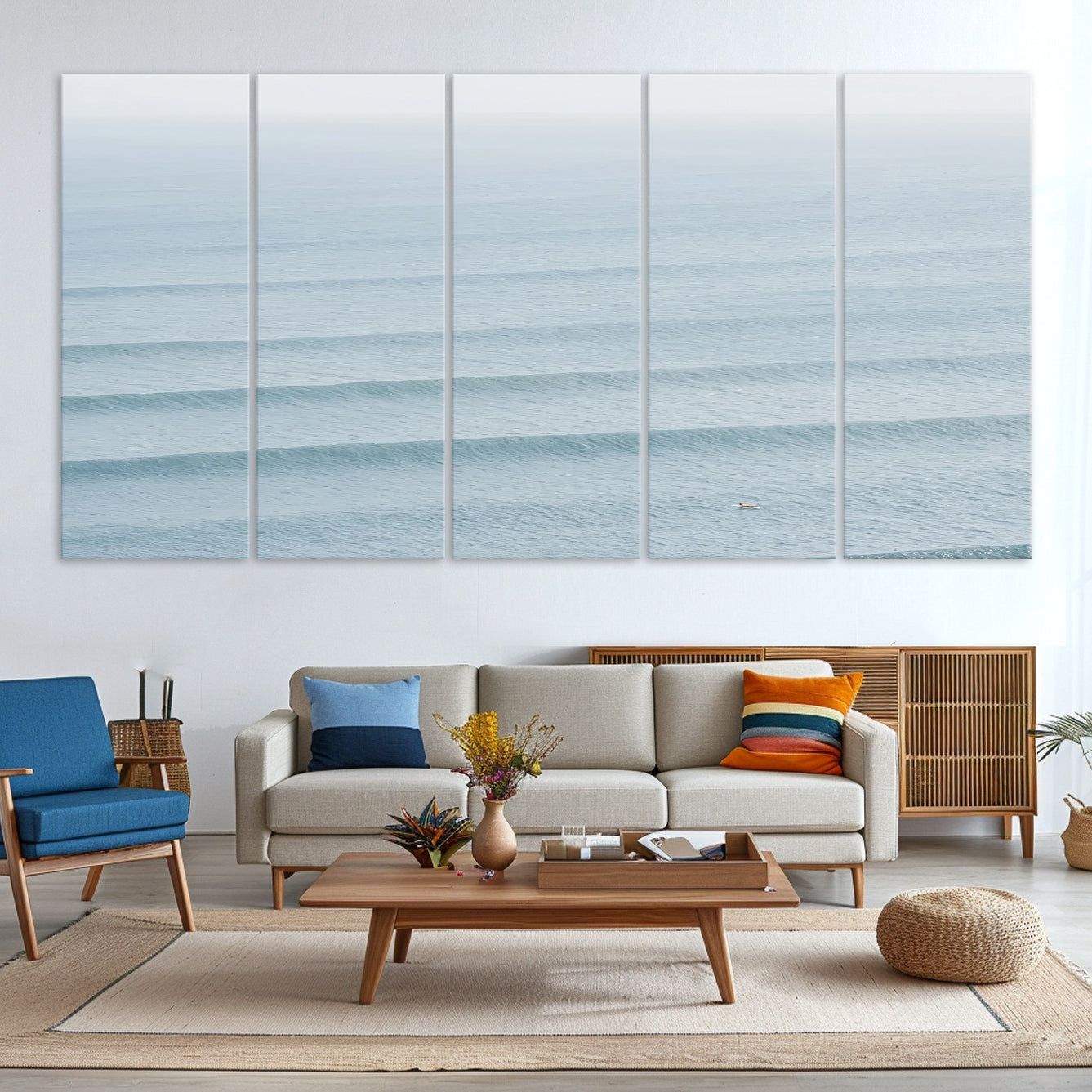 -Ocean Waves Wall Art Canvas Print, Framed Solo Surfer Art Picture Print, Wave Lines Perfect