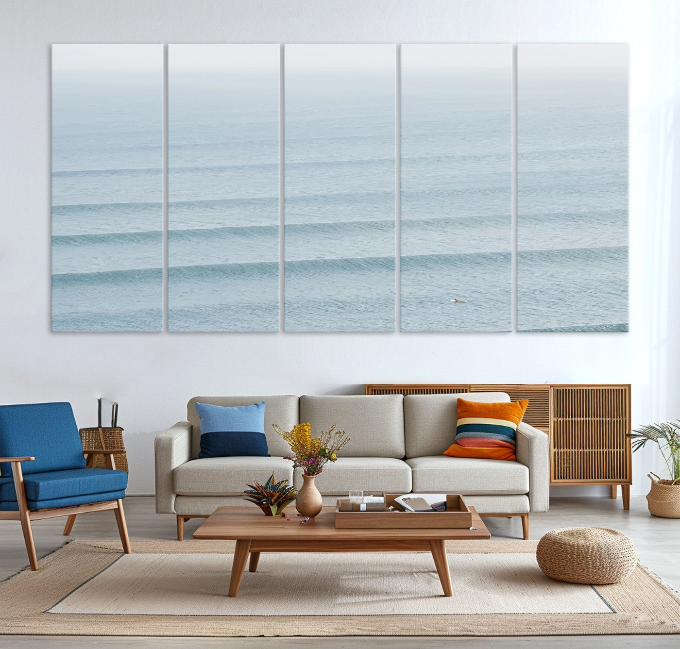 -Ocean Waves Wall Art Canvas Print, Framed Solo Surfer Art Picture Print, Wave Lines Perfect