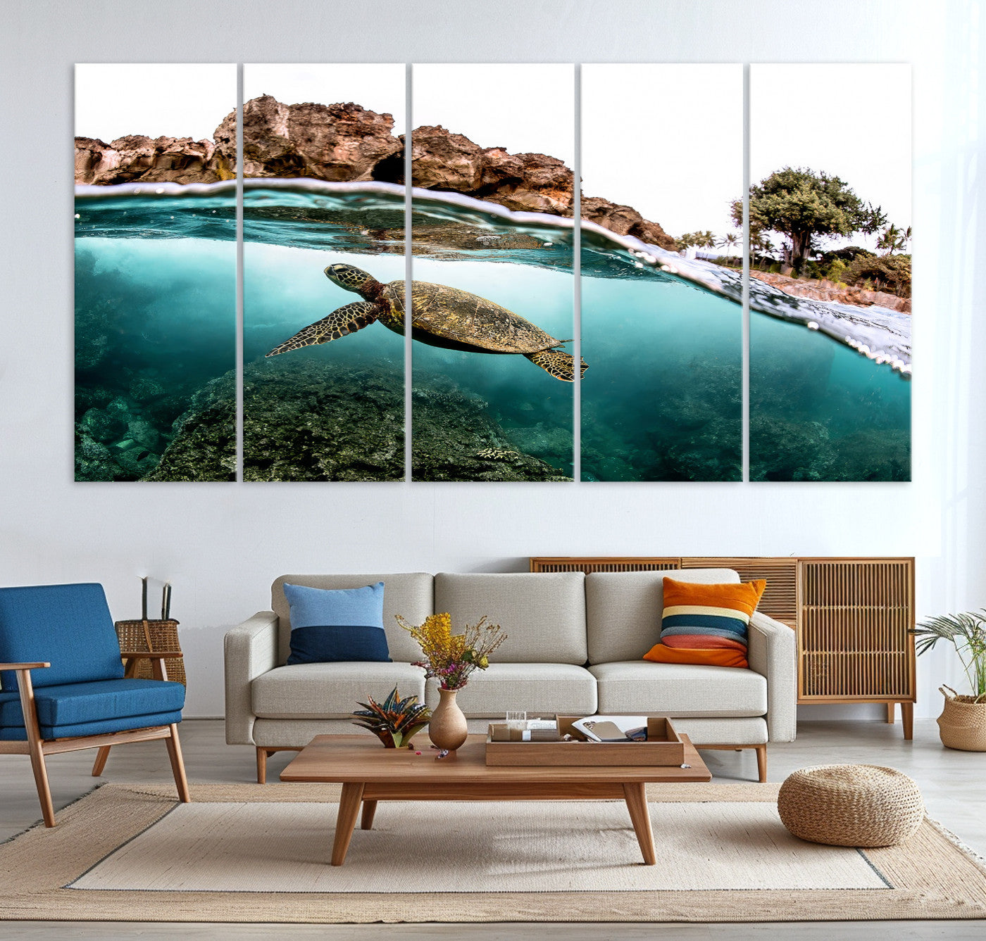 -Sea Turtle Wall Art Canvas Print, Framed Ocean Life Art Picture Print, Tropical Perfect Coastal