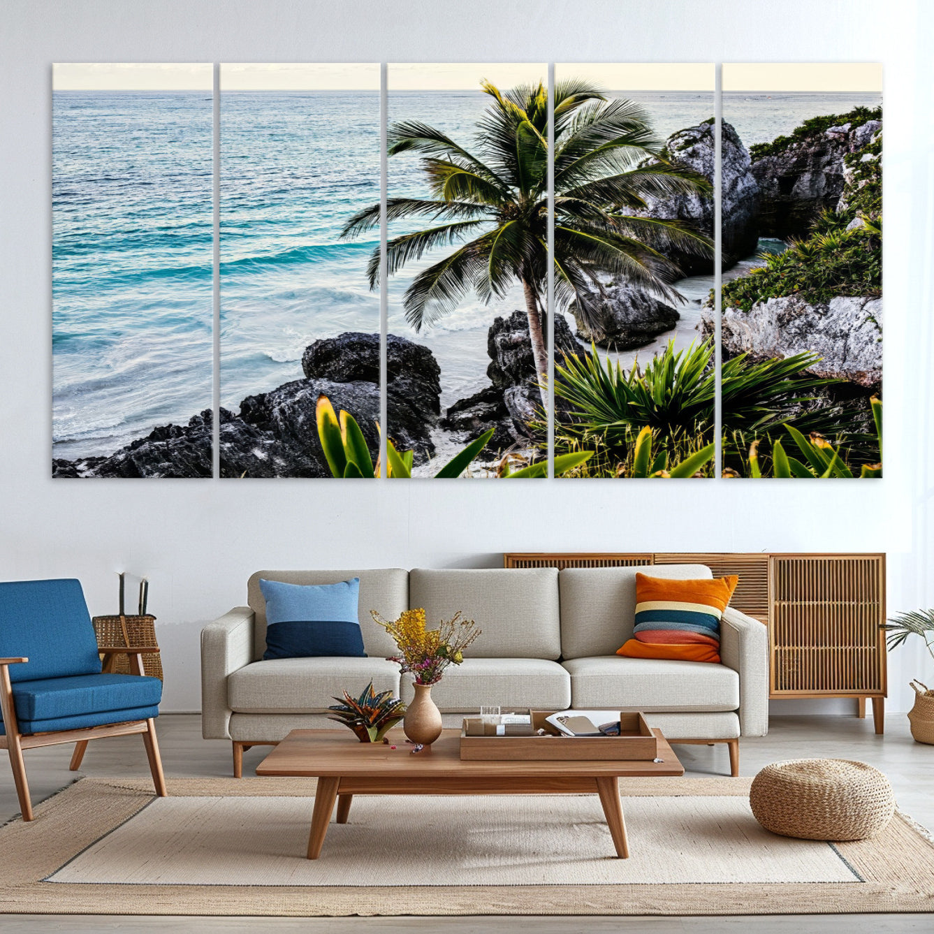 94669907-MGV-CV-36X24-Tropical Coastline Wall Art Canvas Print – Framed Palm Tree and Rocky Beach Scene Artwork for Home, Office Decor