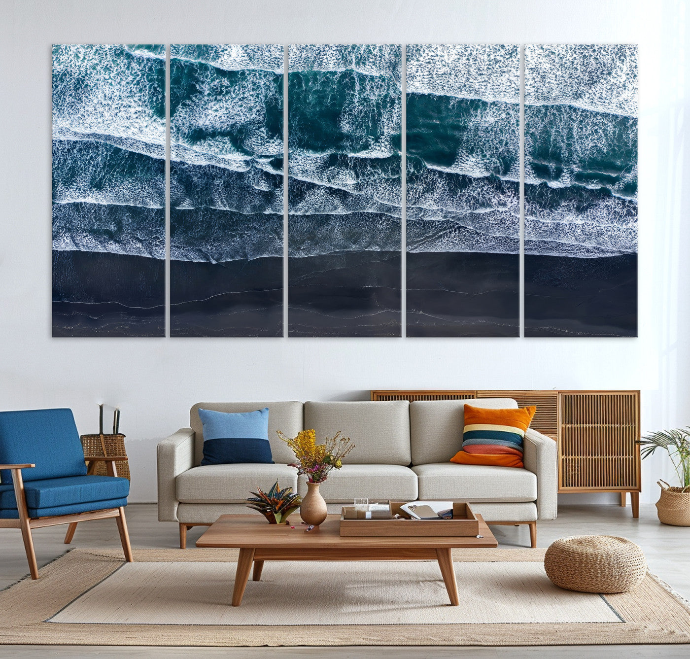 87941475-MGV-CV-36X24-Black Beach Wall Art Canvas Print – Framed Aerial Ocean View Moody Coastal Seascape Nature Artwork for Home Office