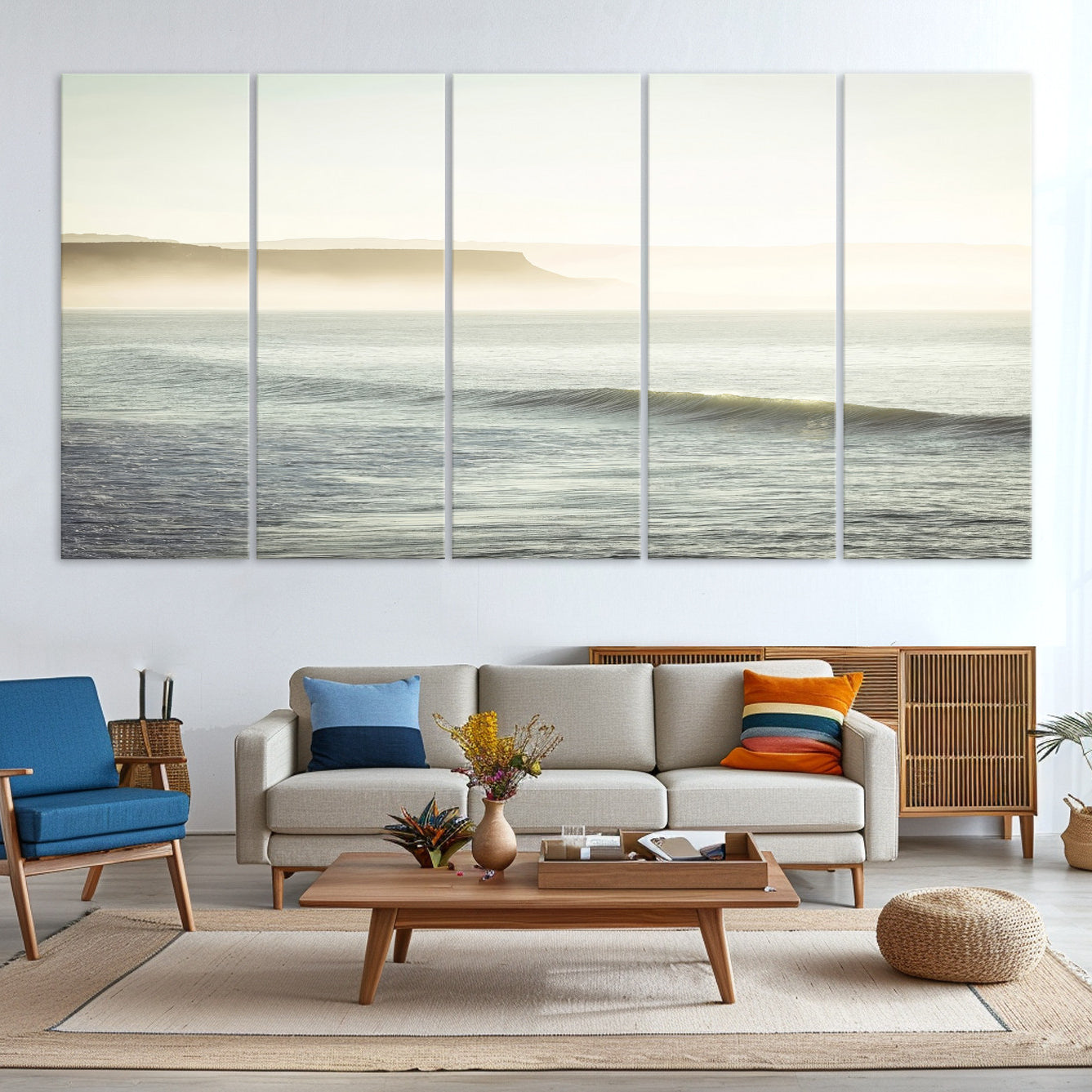 -Coastal Cliffs Wall Art Canvas Print, Framed Misty Ocean Art Picture Print, Soft Morning Perfect