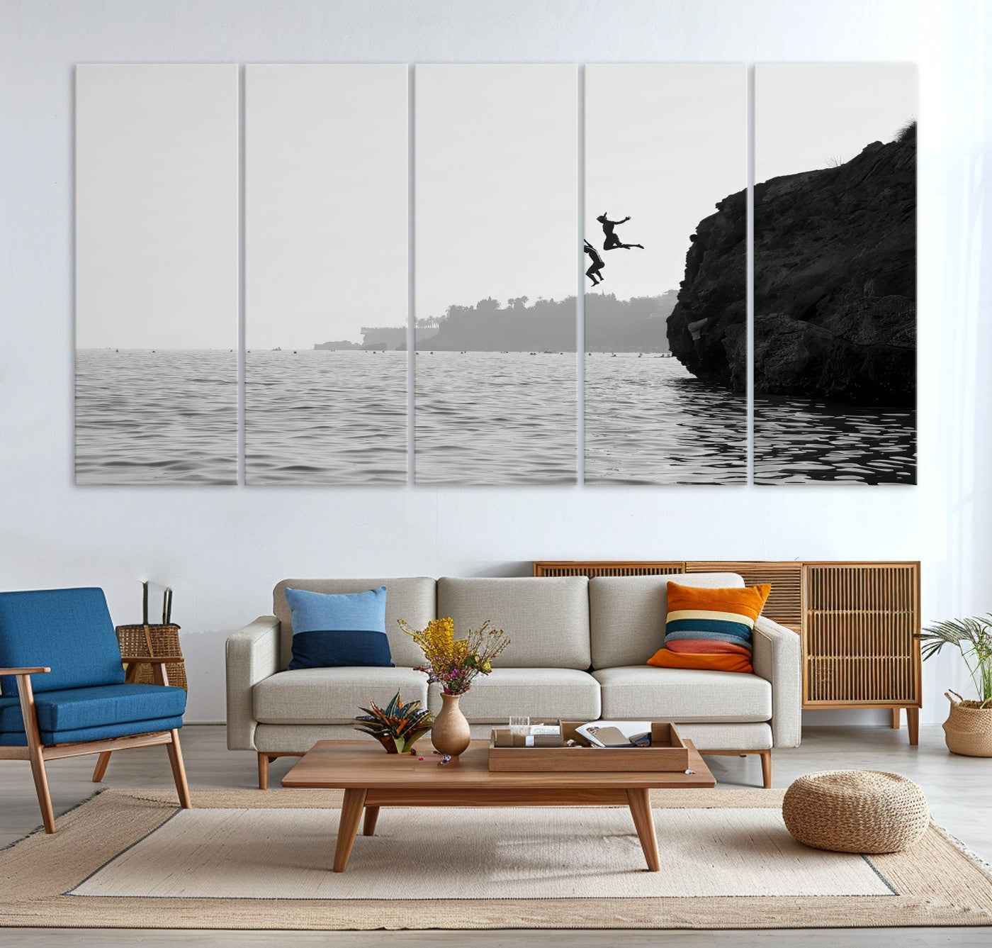 52284302-MGV-CV-36X24-Jumping Wall Art Canvas Print – Framed Coastal Ocean Scene Artwork for Relaxing Beach Home, Office Decor