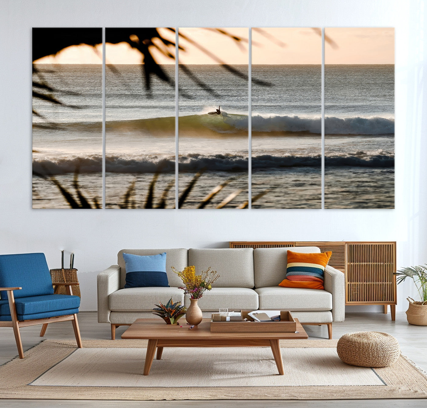 24896468-MGV-CV-36X24-Sunset Surf Wall Art Canvas Print – Framed Golden Hour Waves Scene Artwork for Boho Home, Office, Living Room Decor