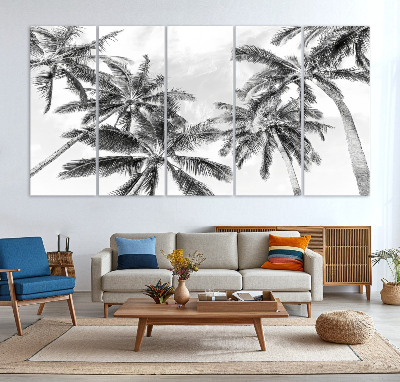 62113786-MGV-CV-36X24-Black and White Palm Wall Art Canvas Print – Framed Monochrome Tropical Beach Scene Artwork for Modern Home, Office Decor